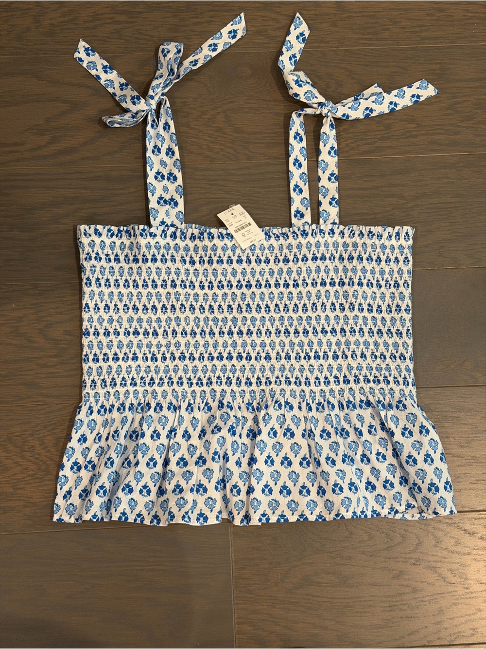 NWT J Crew Smocked Tie-Strap Blue Floral Peplum Tank Sz XL